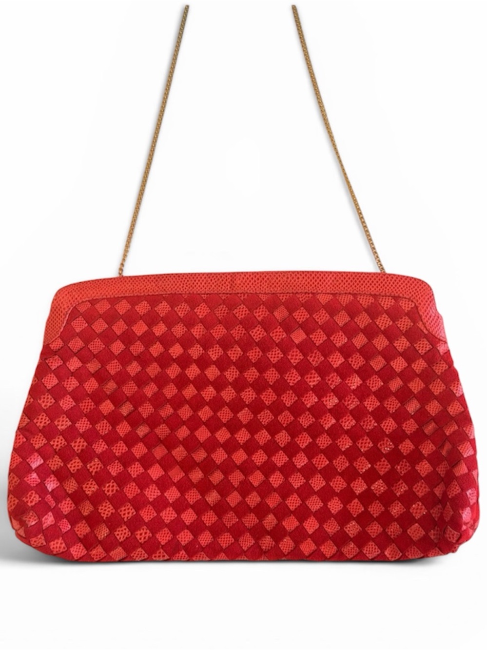 VTG Morris Moskowitz Red Woven Leather Clutch Gold Chain Bag